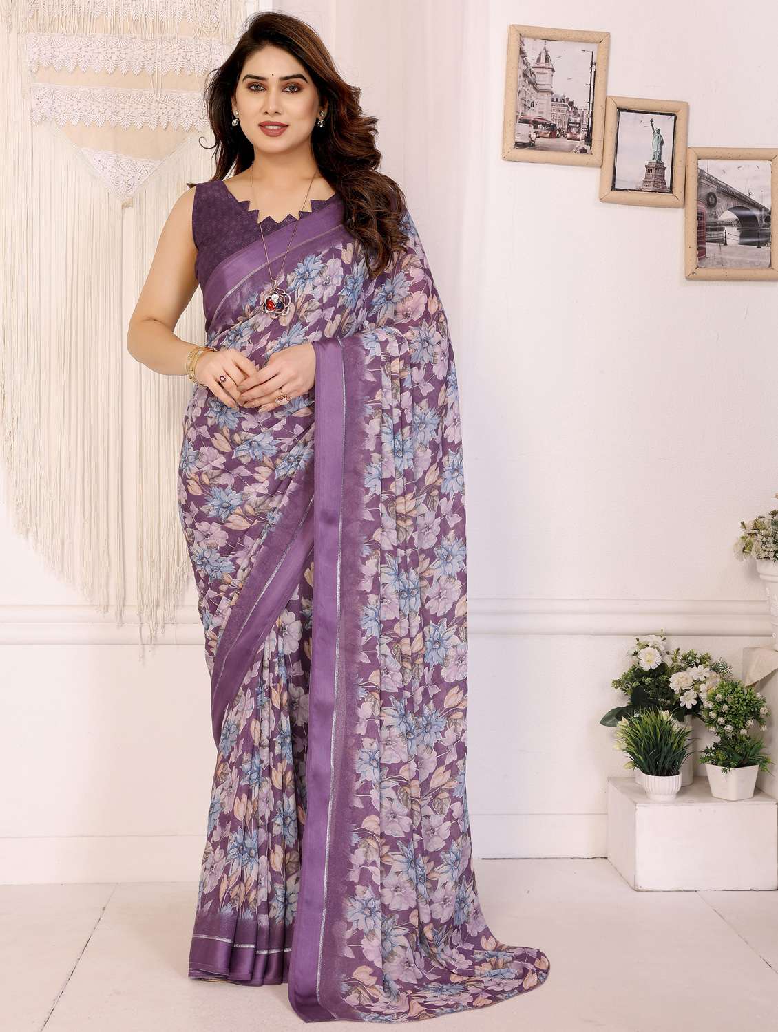 women floral printed saree with blouse