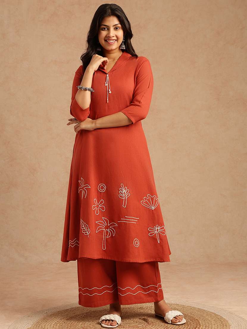 women embroidered three quarter sleeve kurta palazzo set - 22074145 -  Standard Image - 1