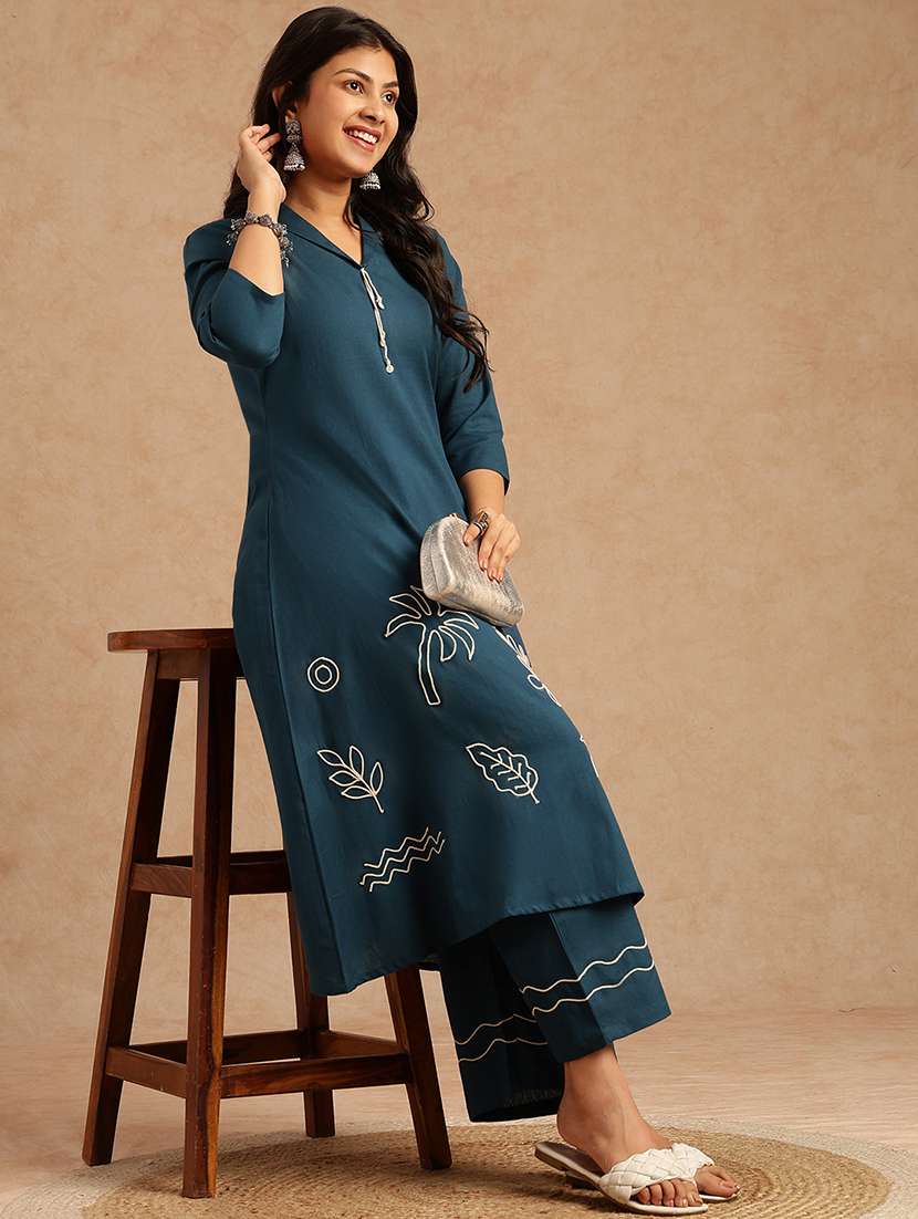 women embroidered three quarter sleeve kurta palazzo set