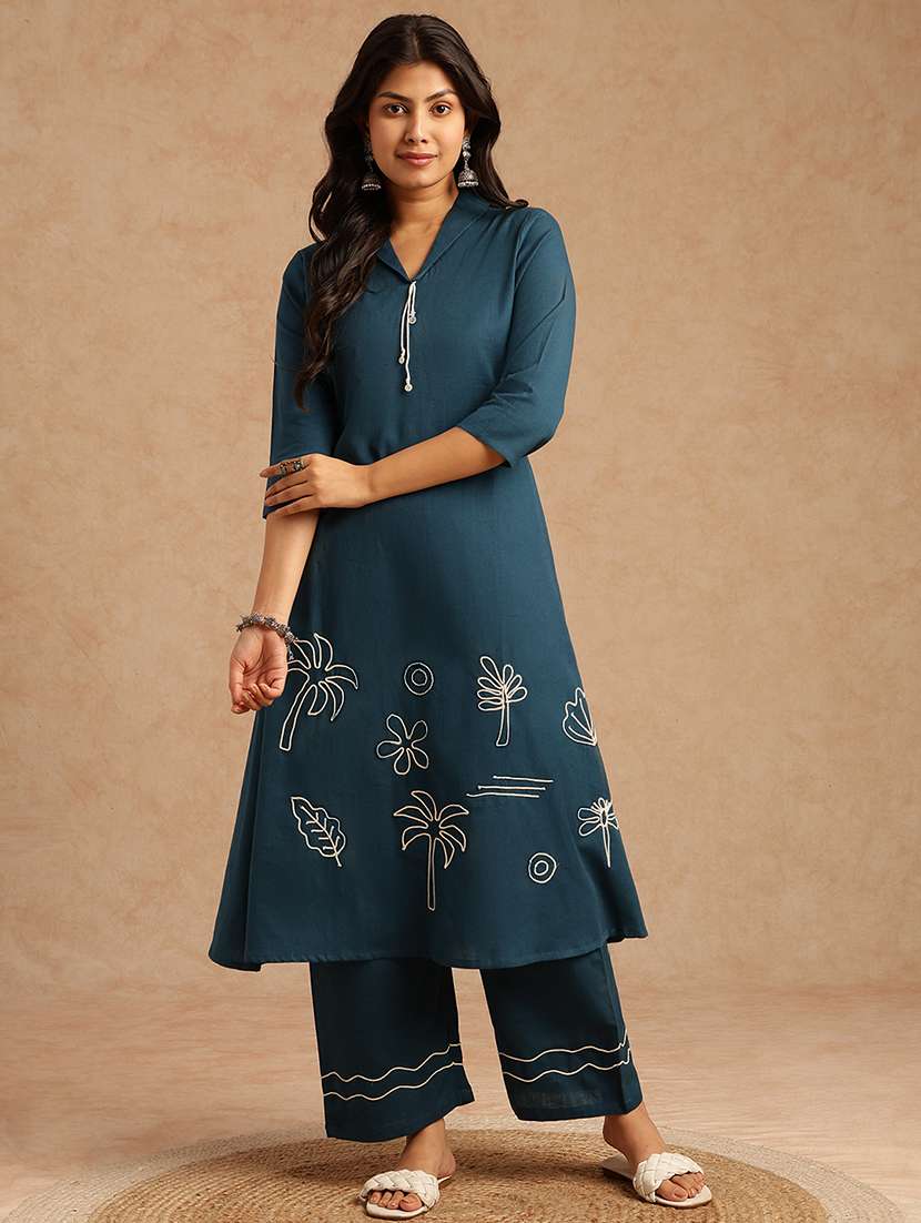 women embroidered three quarter sleeve kurta palazzo set - 22074146 -  Standard Image - 1