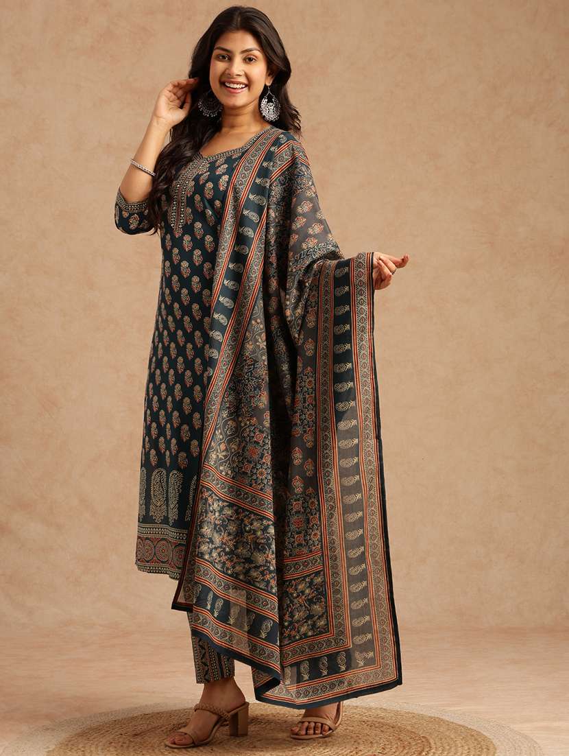 women printed three quarter sleeve kurta pant with dupatta set - 22074148 -  Standard Image - 1