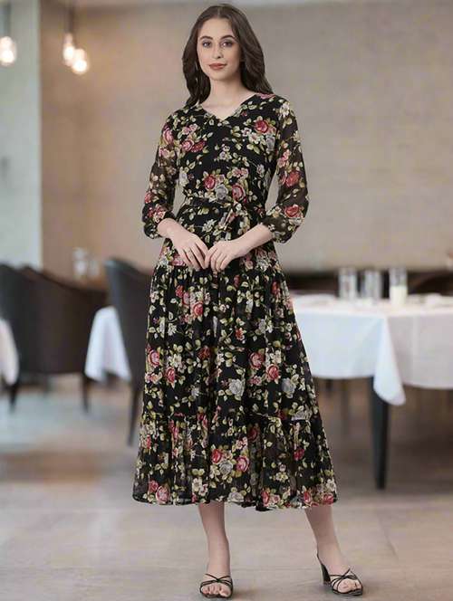 women floral print three quarter sleeve tiered dress - 22074168 -  Standard Image - 0