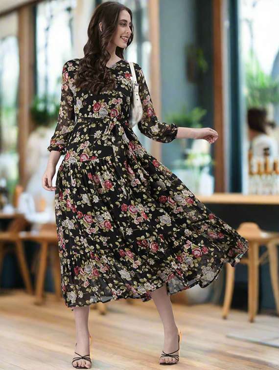 women floral print three quarter sleeve tiered dress - 22074168 -  Standard Image - 1