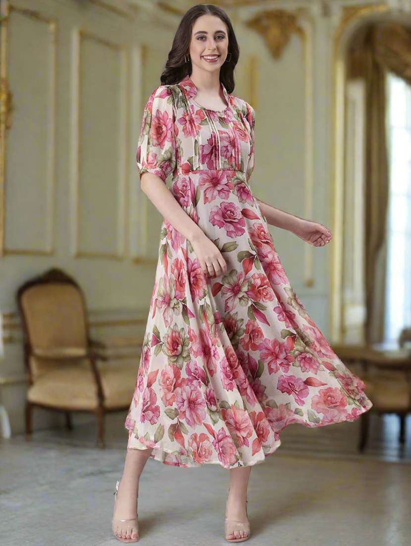 women floral print puff sleeve fit & flare dress