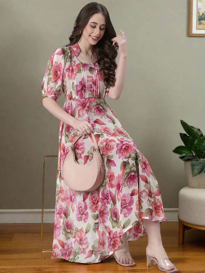 women floral print puff sleeve fit & flare dress - 22074169 - Standard Image - 1