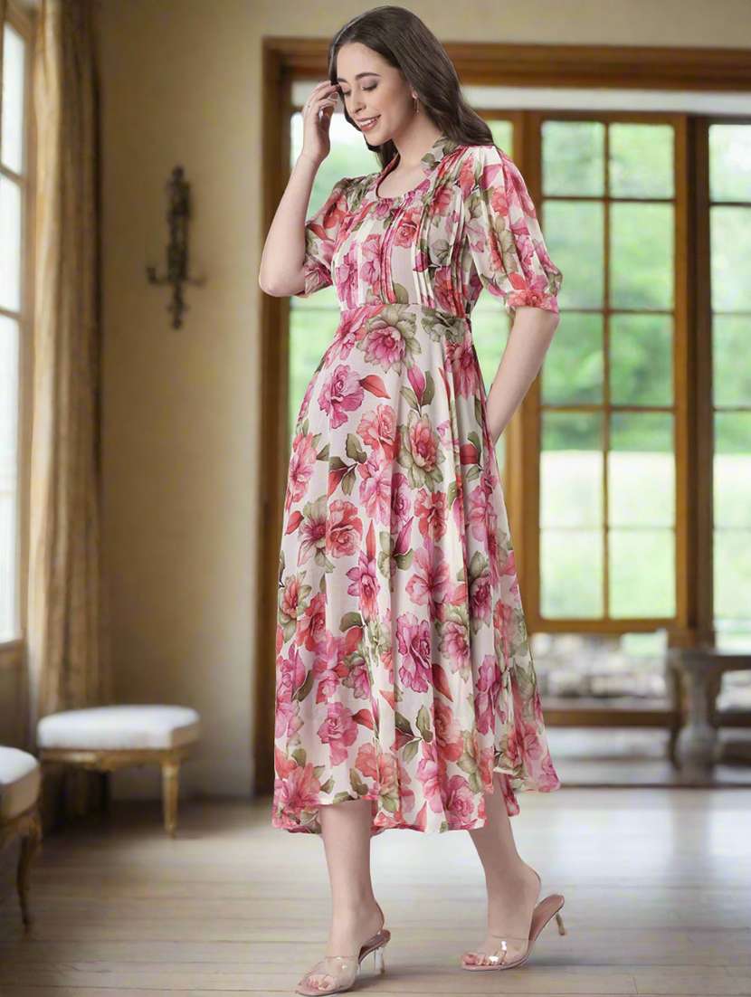 women floral print puff sleeve fit & flare dress - 22074169 - Standard Image - 4