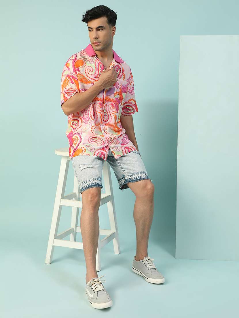 men paisley printed short sleeve loose fit casual shirt - 22074208 -  Standard Image - 4