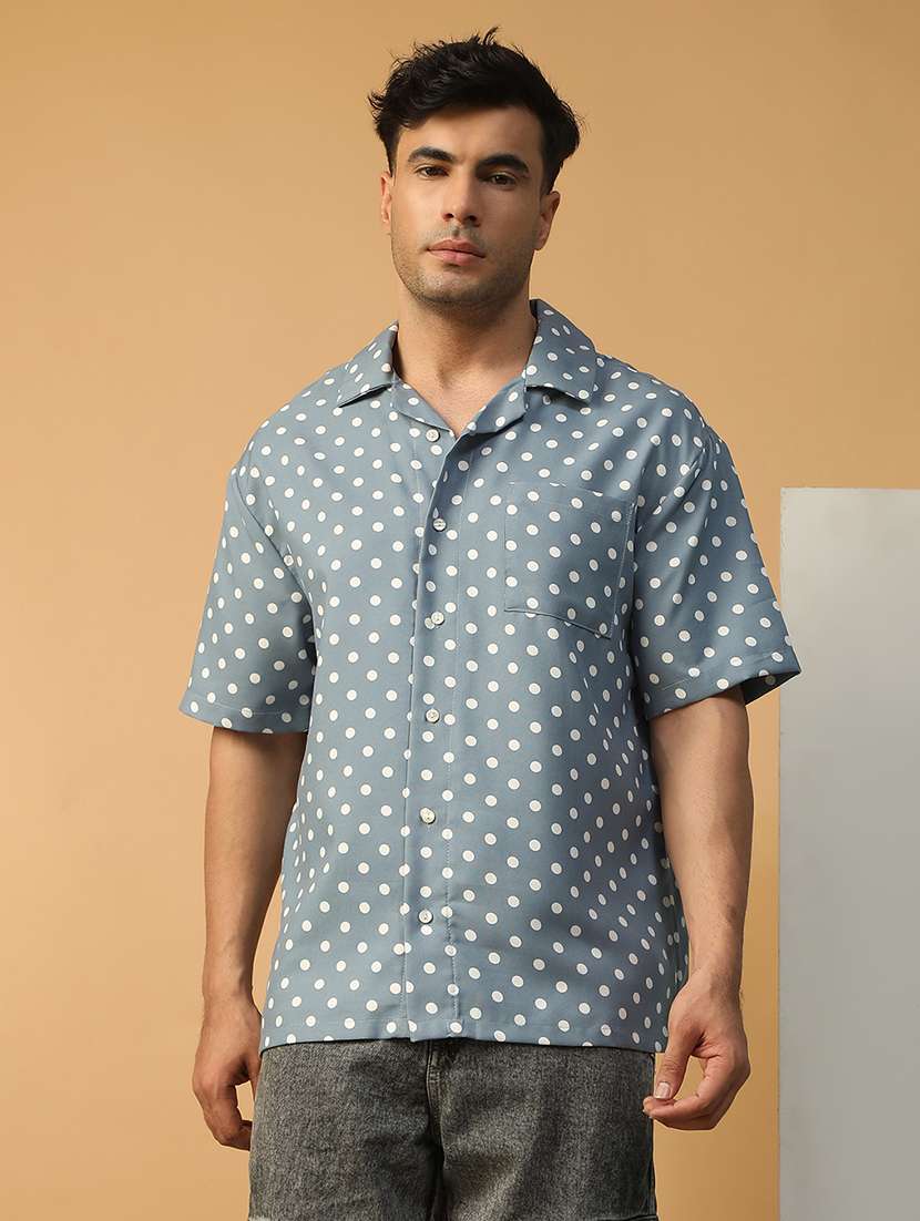 men polka dot short sleeve loose fit casual shirt