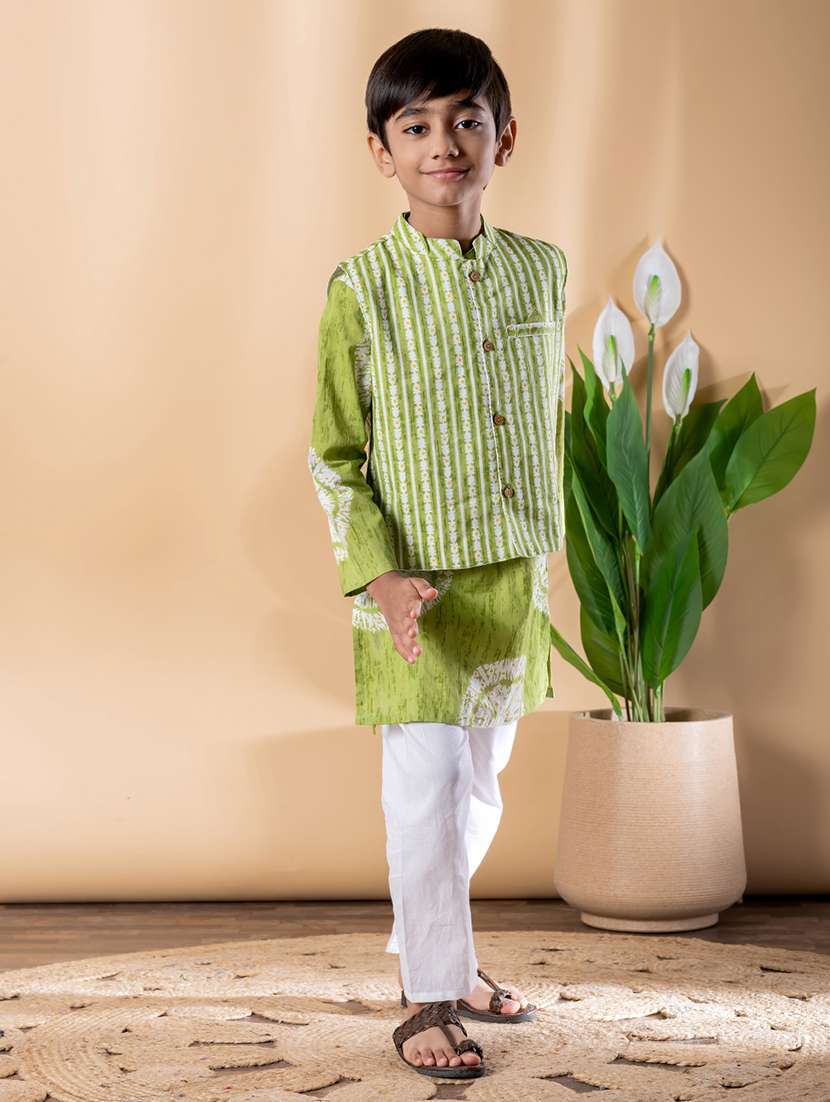 boys printed long sleeve kurta & pyjama set with jacket - 22074234 -  Standard Image - 1