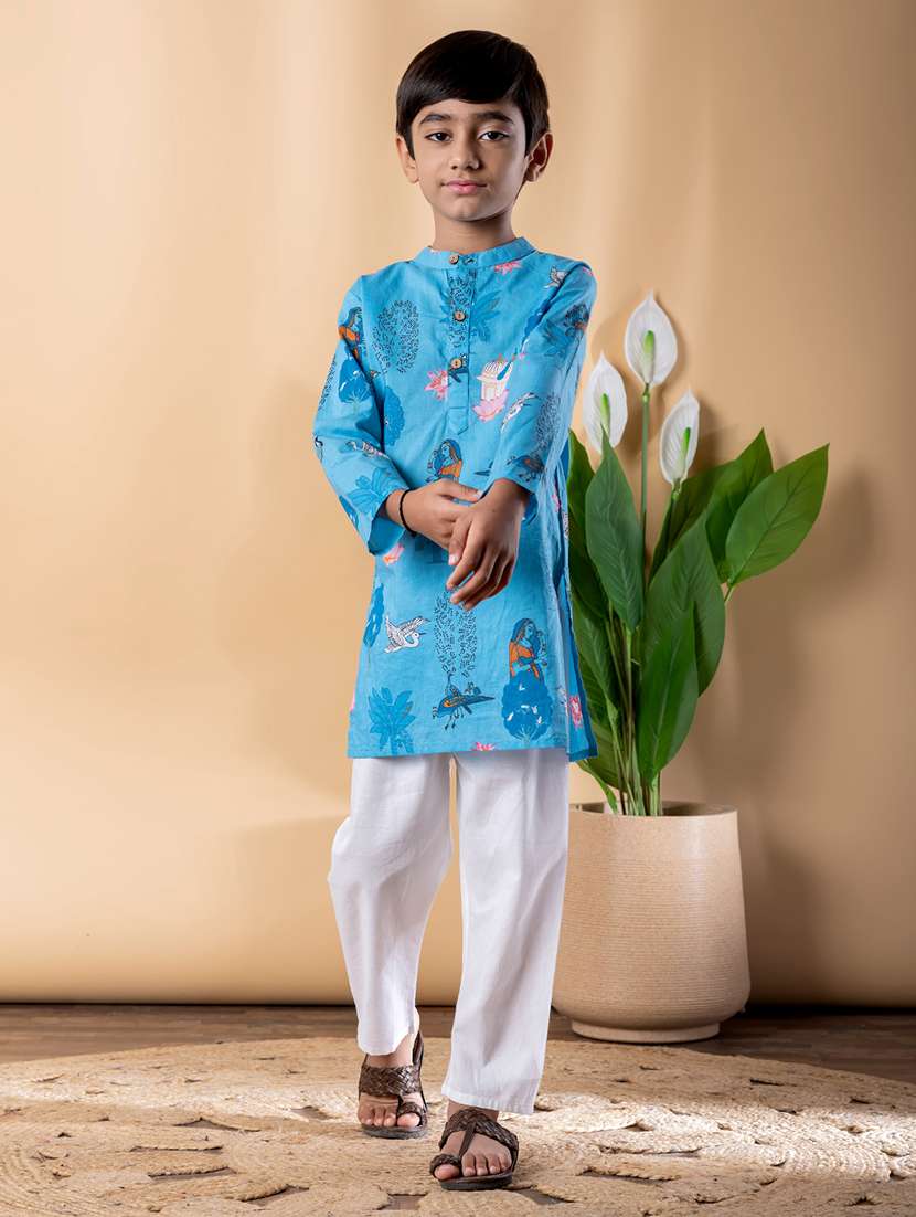 boys printed long sleeve kurta & pyjama set  - 22074239 -  Standard Image - 1