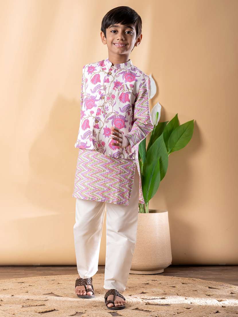 boys printed long sleeve kurta & pyjama set with jacket - 22074241 -  Standard Image - 1