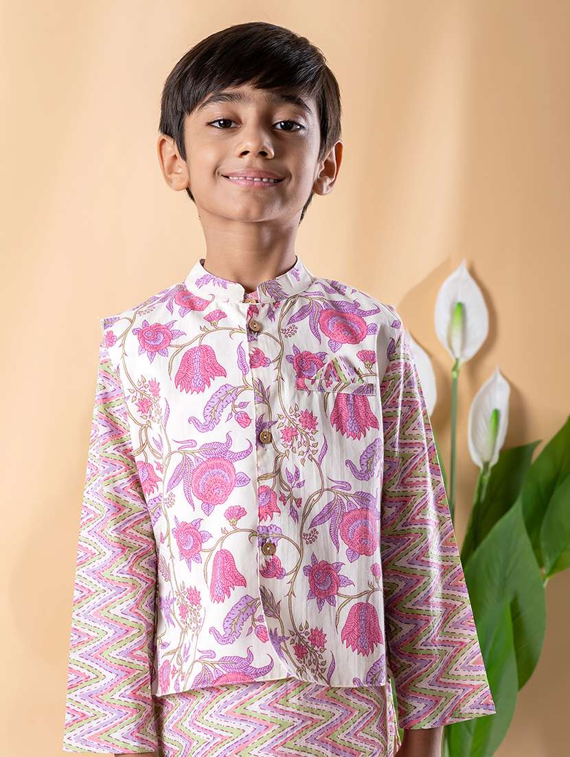boys printed long sleeve kurta & pyjama set with jacket - 22074241 -  Standard Image - 4