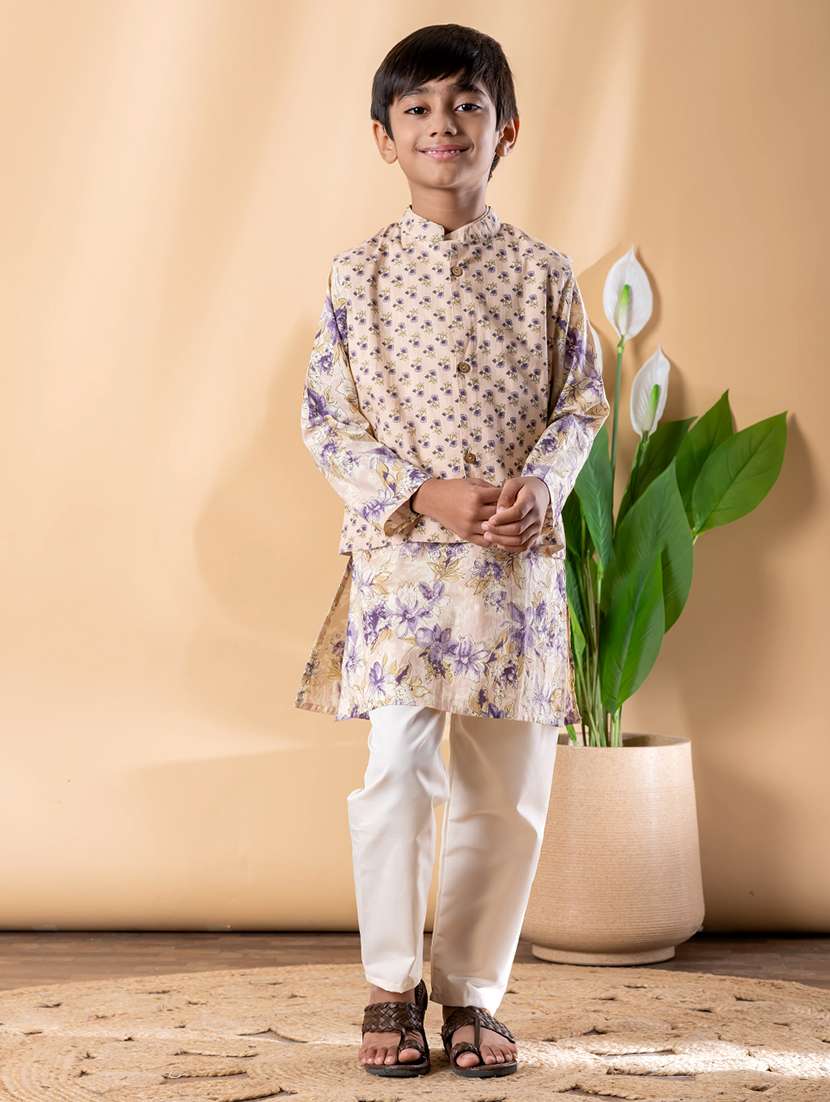 boys printed long sleeve kurta & pyjama set with jacket - 22074244 -  Standard Image - 1
