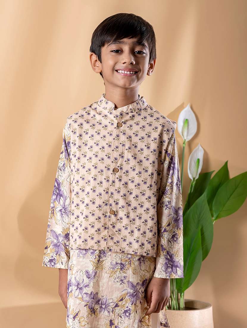 boys printed long sleeve kurta & pyjama set with jacket - 22074244 -  Standard Image - 4