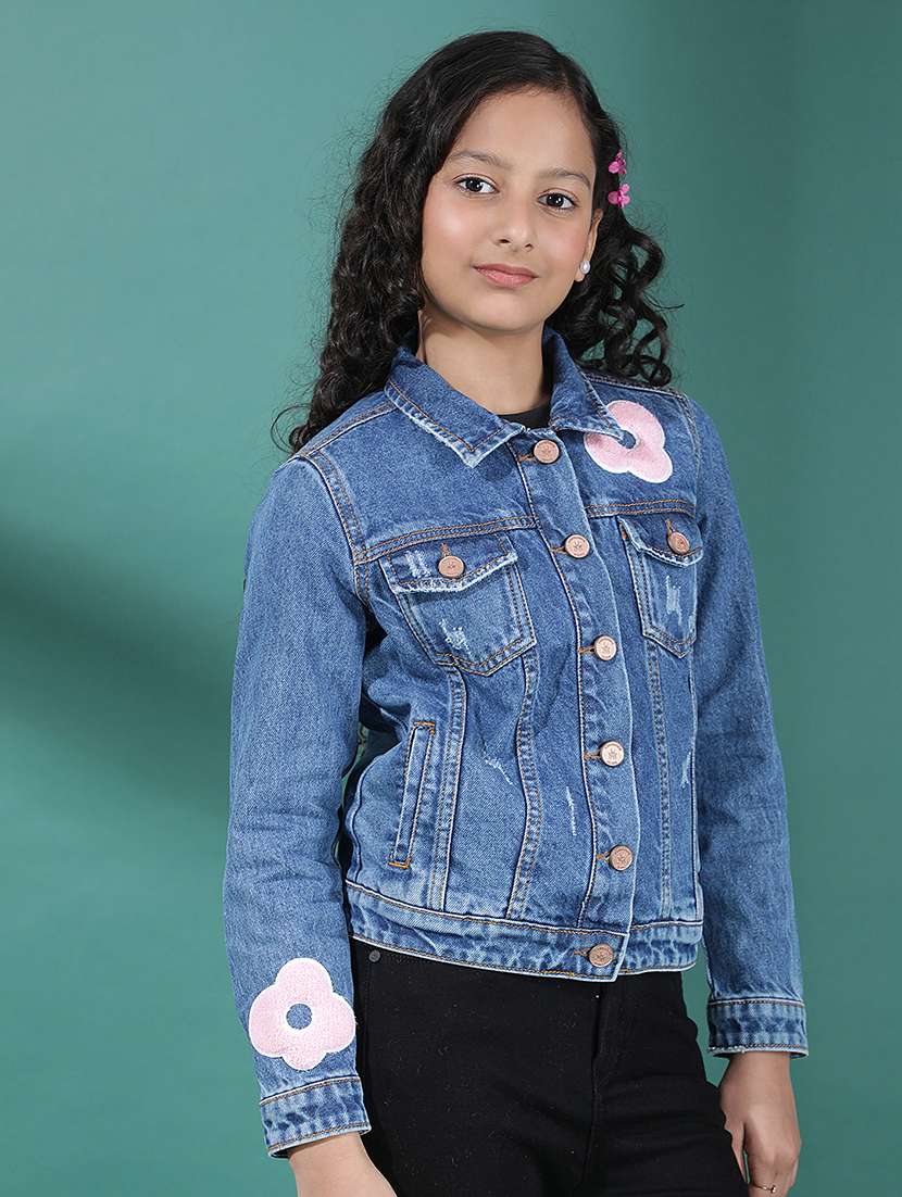 girls solid long sleeve collaerd denim jacket - 22074443 -  Standard Image - 1