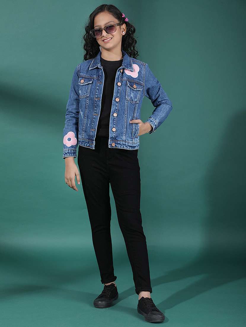 girls solid long sleeve collaerd denim jacket - 22074443 -  Standard Image - 4