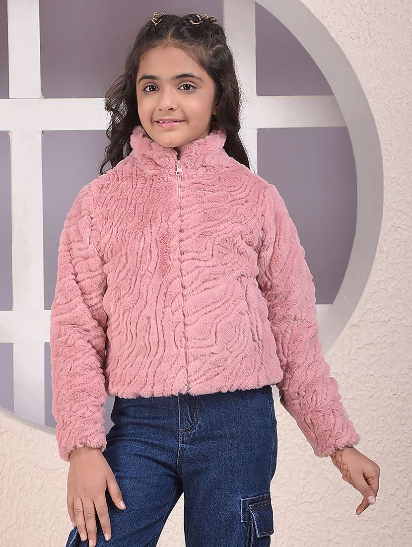 girls solid stand collar long sleeve faux fur jacket - 22074445 -  Standard Image - 1