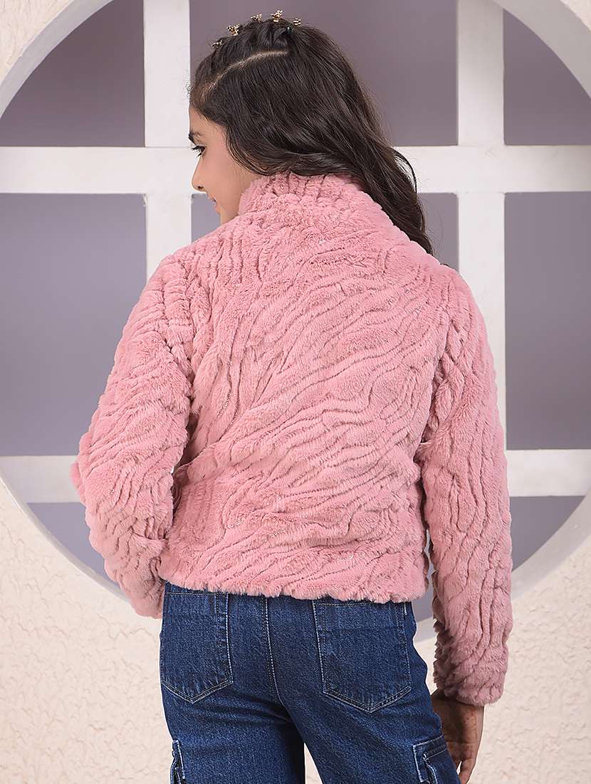 girls solid stand collar long sleeve faux fur jacket - 22074445 -  Standard Image - 4