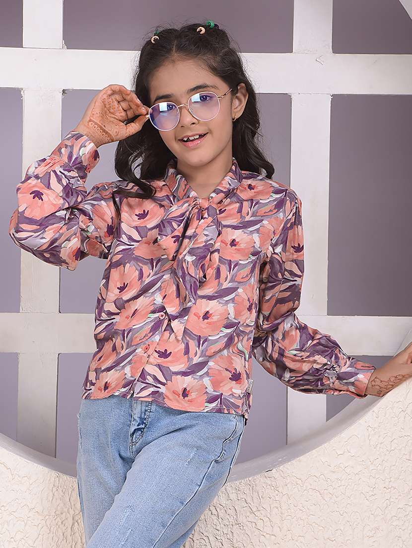 girls printed tie-up neck long sleeve top - 22074516 -  Standard Image - 1