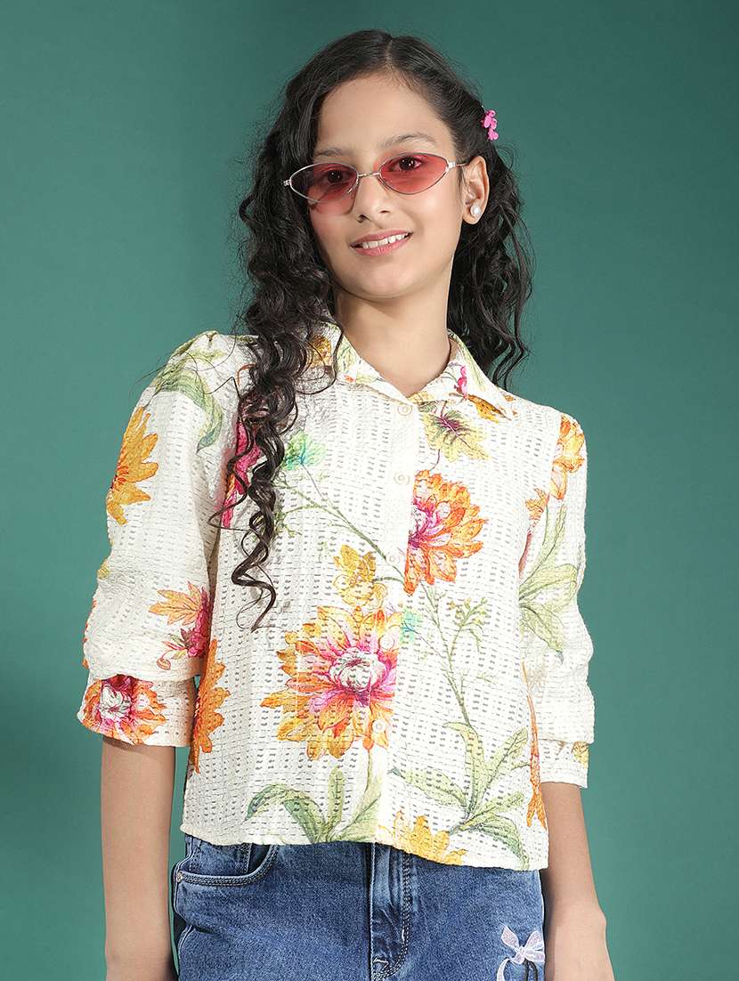 girls printed puff sleeve collared shirt