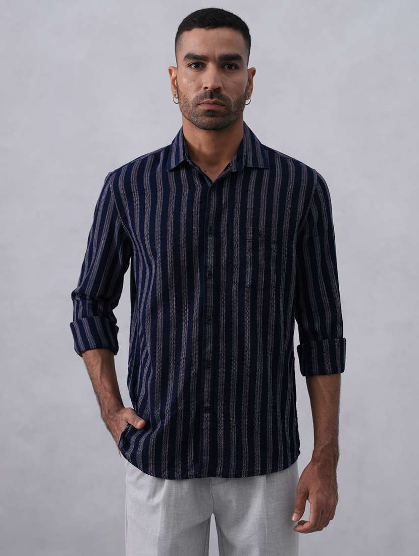 men striped long sleeve regular fit casual shirt