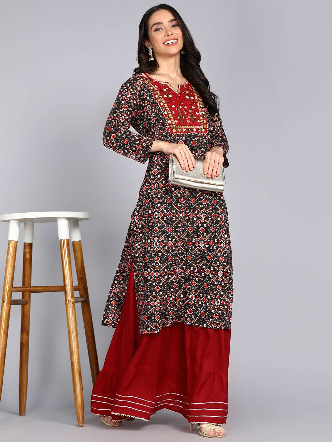 women printed three quarter sleeve straight kurta - 22074594 - Standard Image - 1