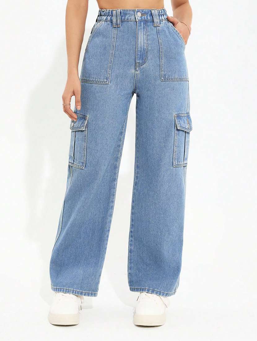 women solid high rise relaxed fit denim cargo