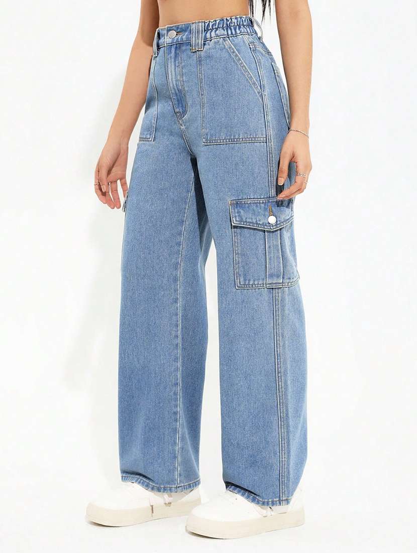 women solid high rise relaxed fit denim cargo - 22074602 -  Standard Image - 1