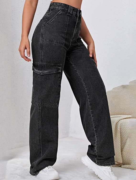 women solid high rise denim cargo - 22074606 -  Standard Image - 1