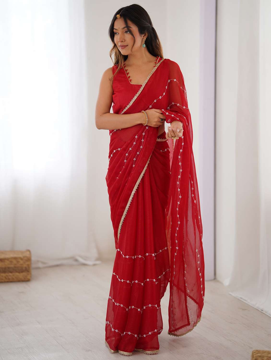 women solid with work embroidered saree with blouse