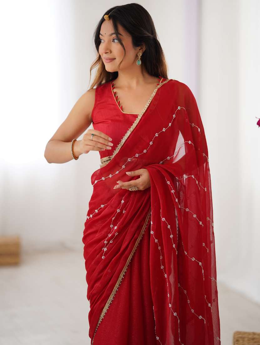 women solid with work embroidered saree with blouse - 22074615 -  Standard Image - 1