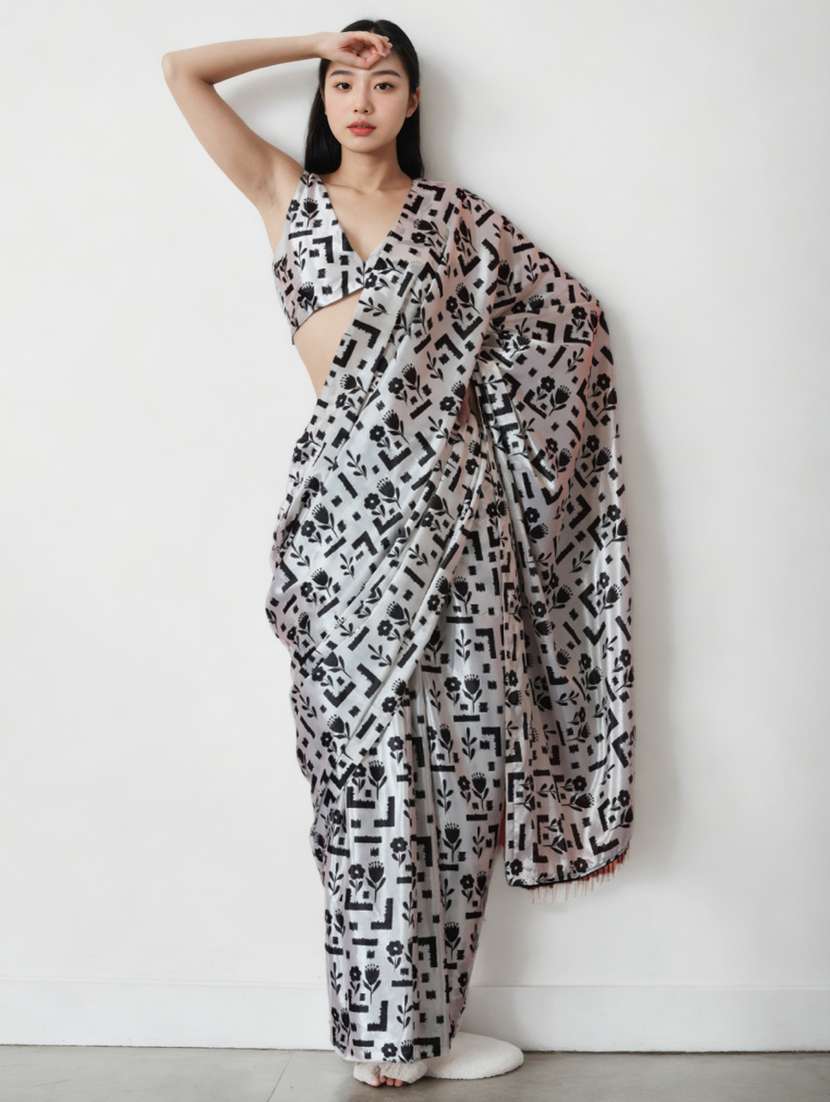 women ikat printed ready to wear saree with blouse - 22074679 - Zoom Image - 0