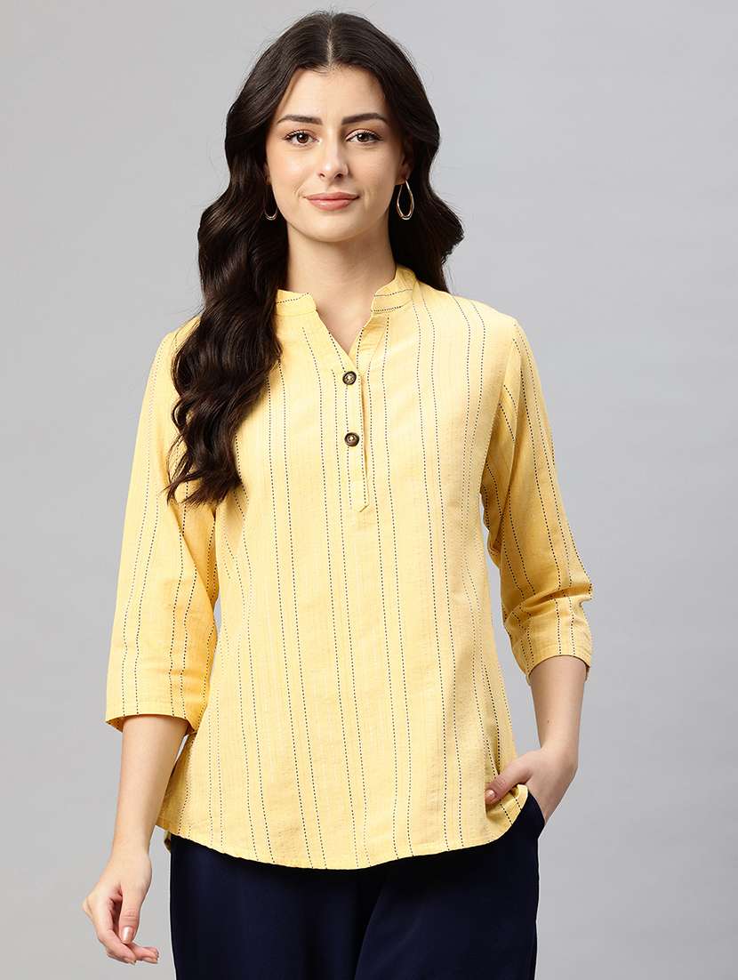 yellow striped mandarin notch neck regular top - 22074686 -  Zoom Image - 0