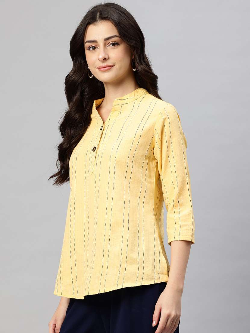 yellow striped mandarin notch neck regular top - 22074686 -  Standard Image - 1