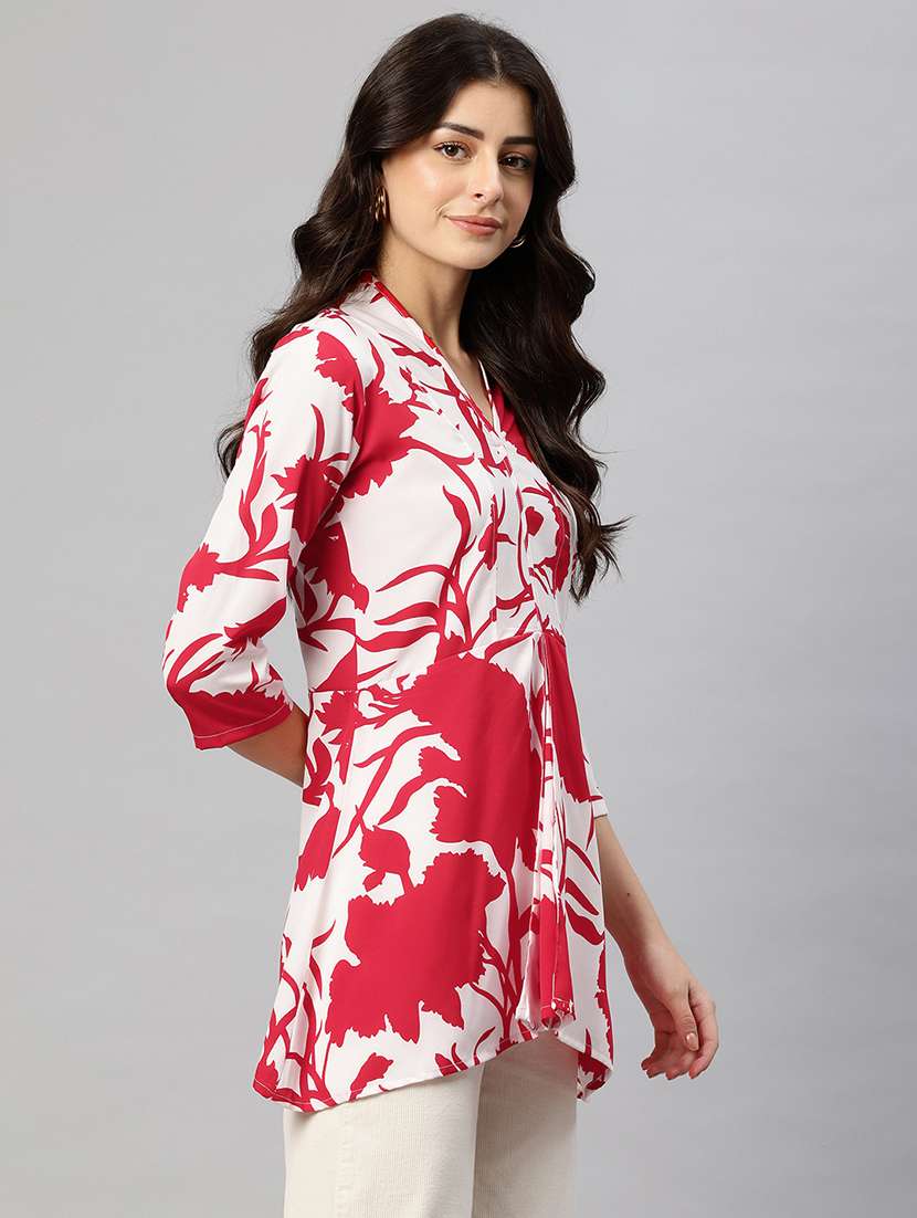 off white floral crepe notch neck top - 22074689 -  Standard Image - 1
