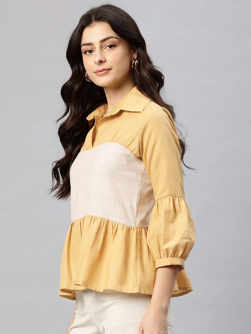 women color blocked puff sleeve peplum top - 22074692 -  Standard Image - 1