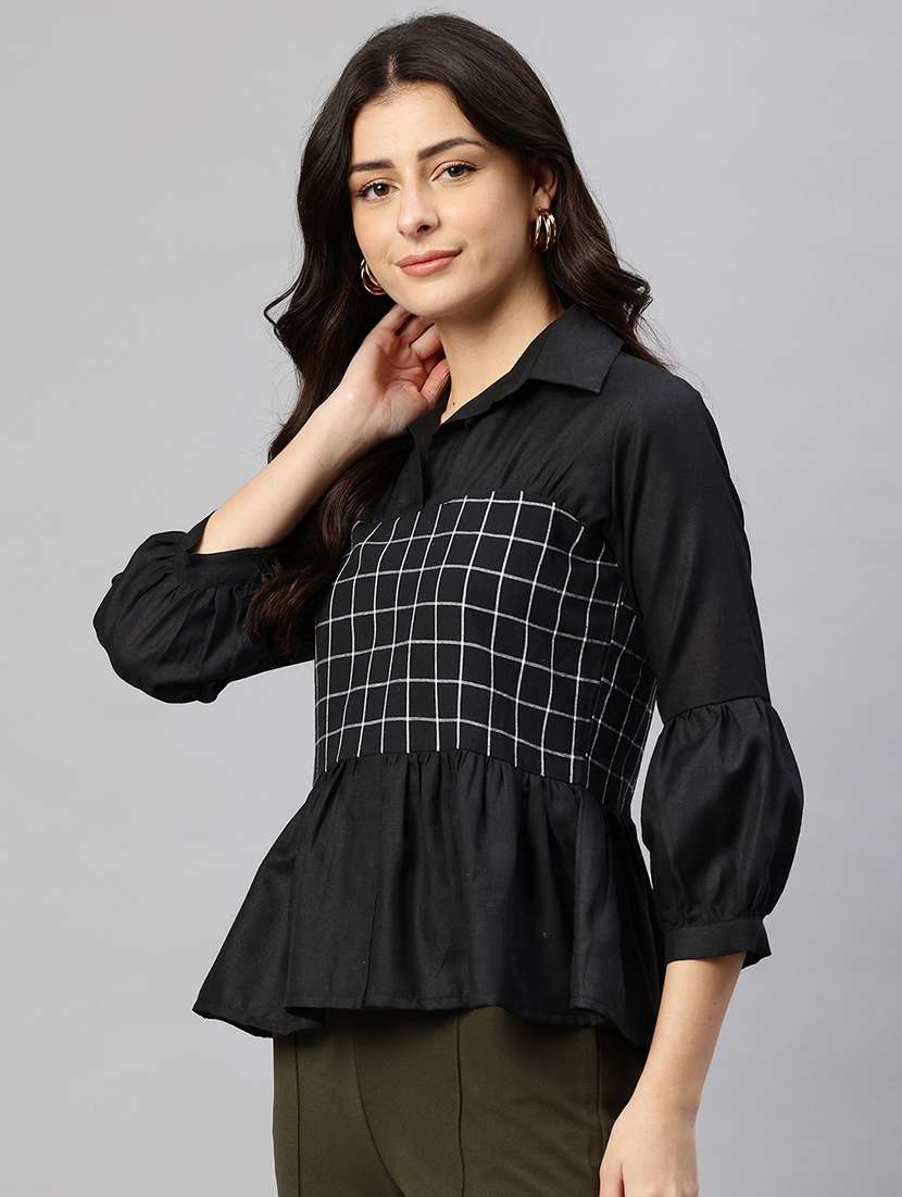 women checkered puff sleeve peplum top - 22074693 -  Standard Image - 1