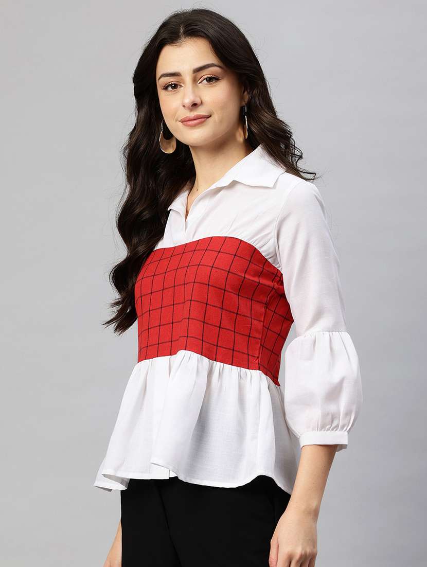 women color blocked puff sleeve peplum top - 22074694 -  Standard Image - 1
