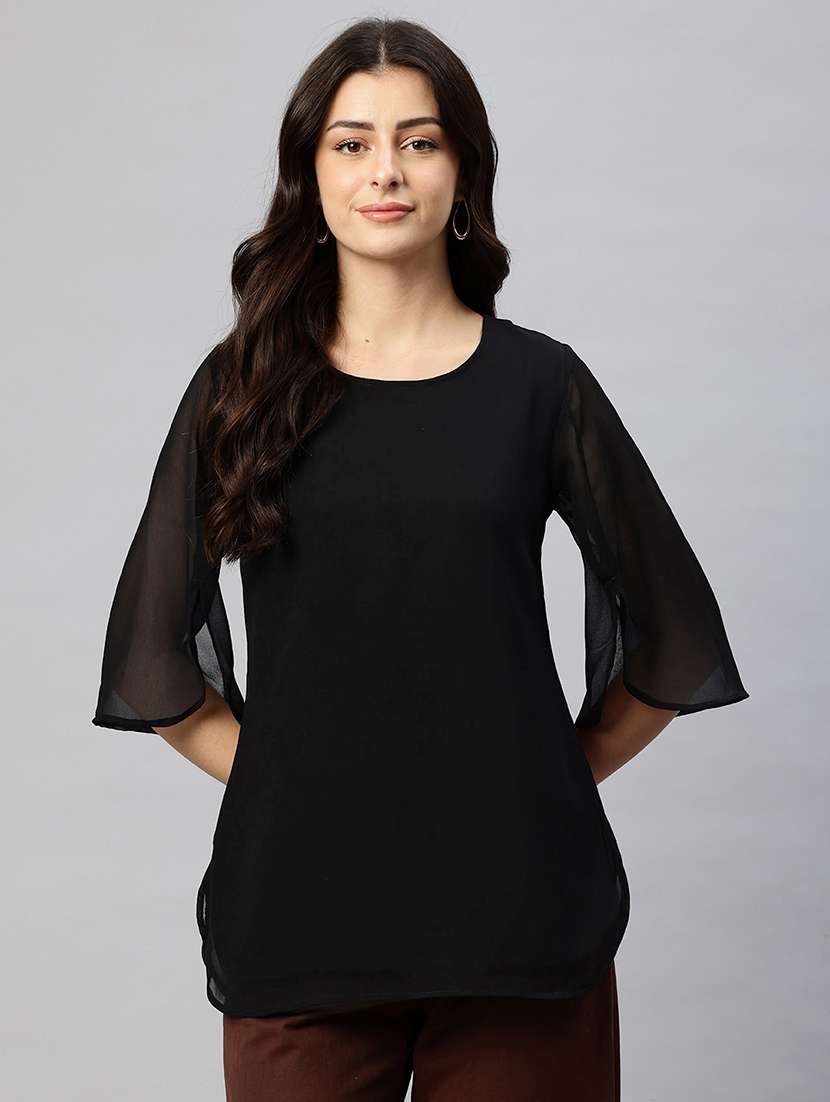 women solid round neck bell sleeve regular top