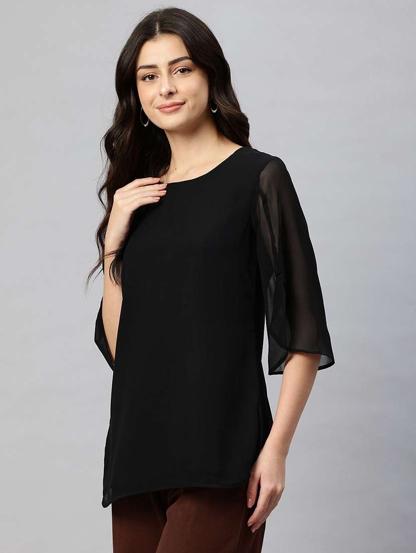 women solid round neck bell sleeve regular top - 22074695 -  Standard Image - 1