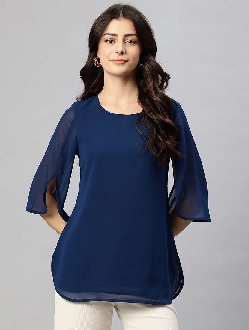 women solid round neck bell sleeve regular top