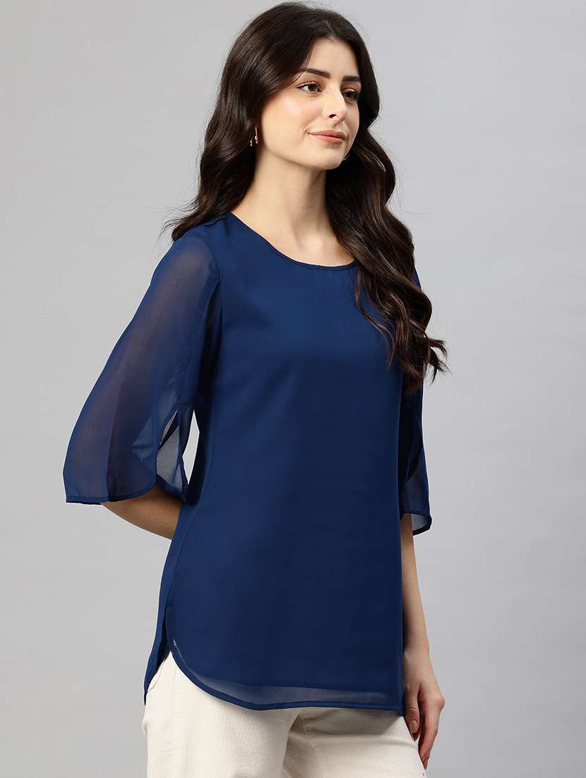 women solid round neck bell sleeve regular top - 22074696 -  Standard Image - 1