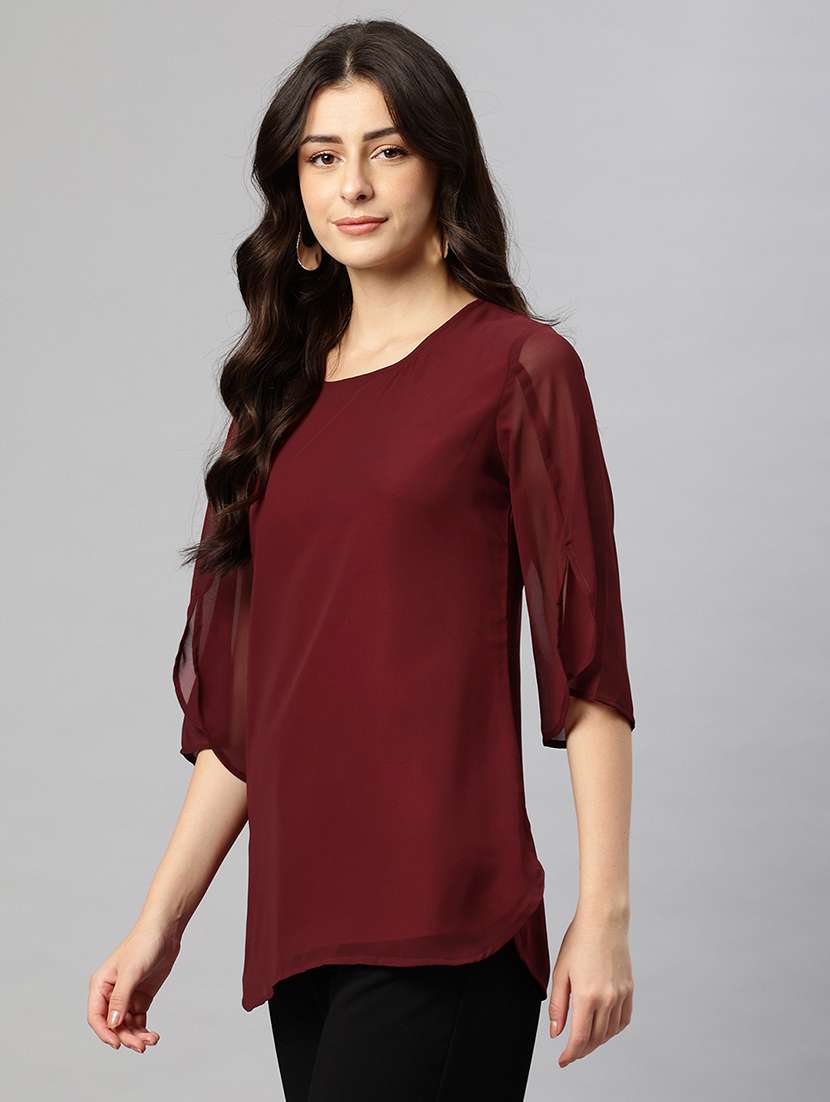 women solid round neck bell sleeve regular top - 22074697 -  Standard Image - 1
