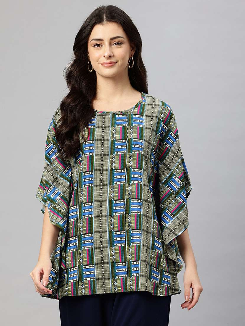 women printed round neck kimono sleeve top