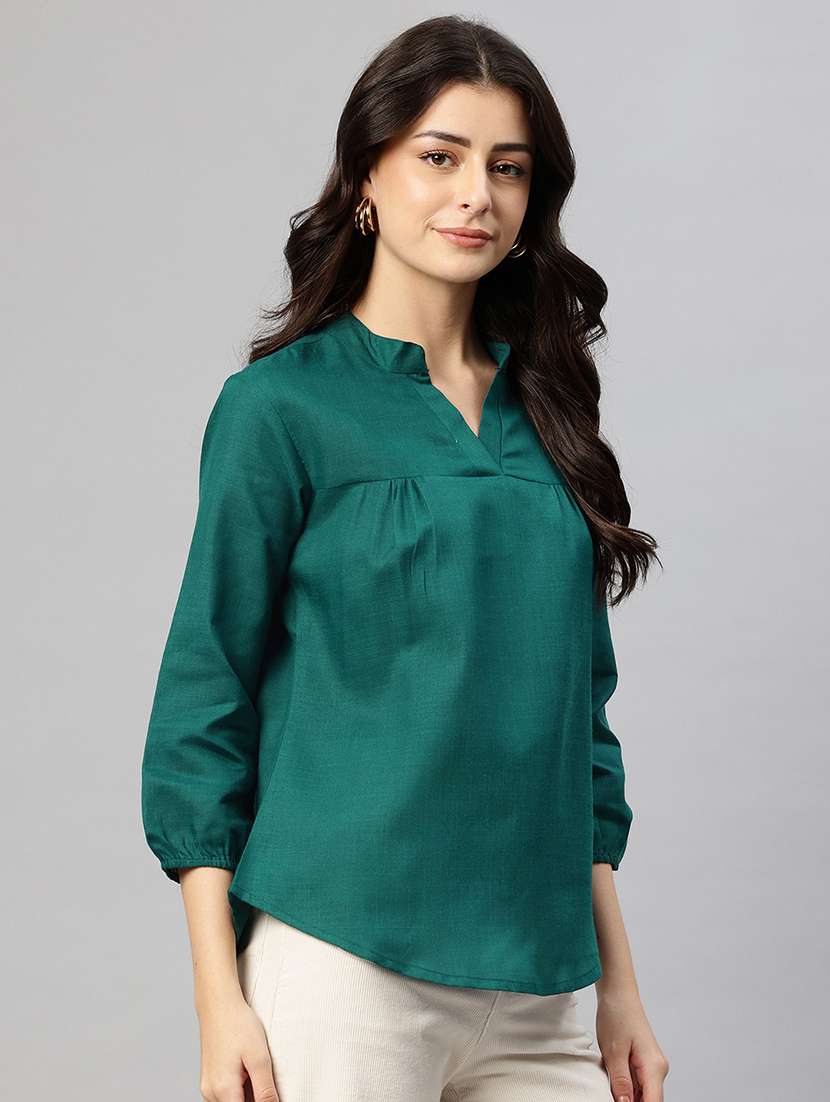women green notch neck v-neck regular top - 22074701 -  Standard Image - 1