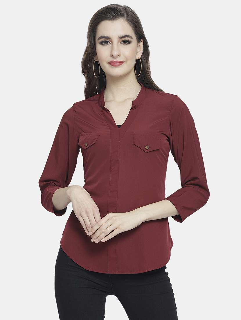 women solid madarin neck regular top