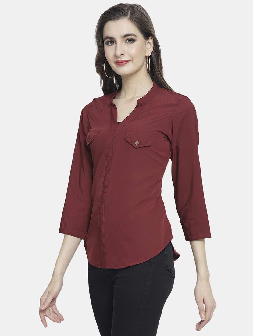 women solid madarin neck regular top - 22074733 -  Standard Image - 1