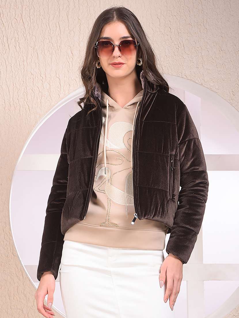 women solid long sleeve crop quilted jacket
