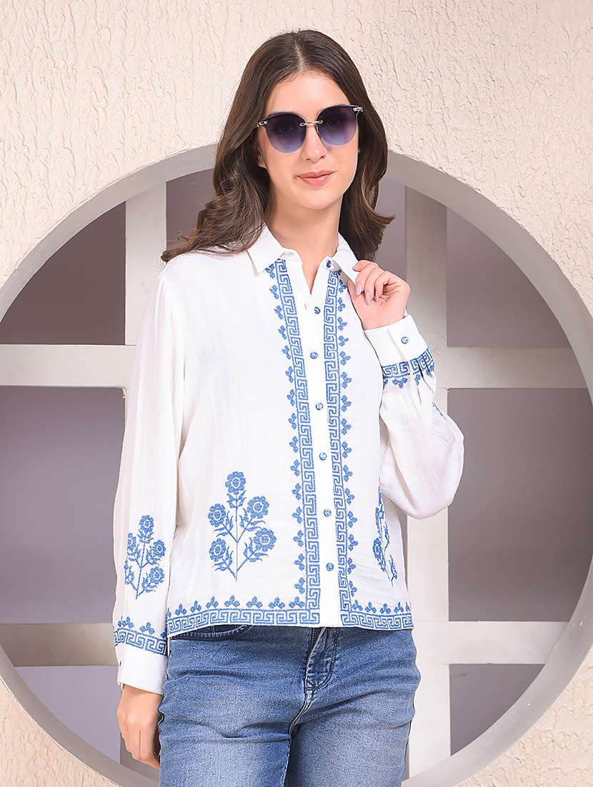 women embroidered collared long sleeve shirt - 22075379 -  Zoom Image - 0
