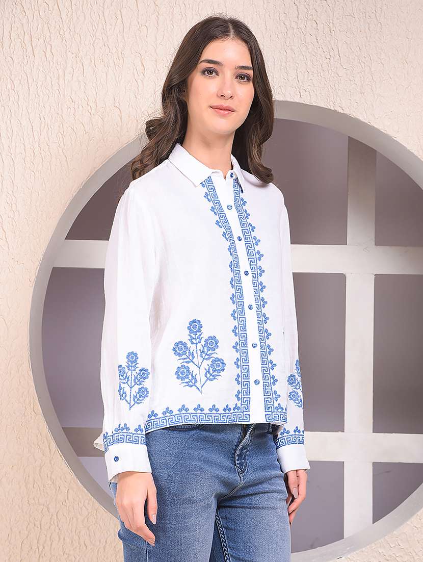 women embroidered collared long sleeve shirt - 22075379 -  Standard Image - 1